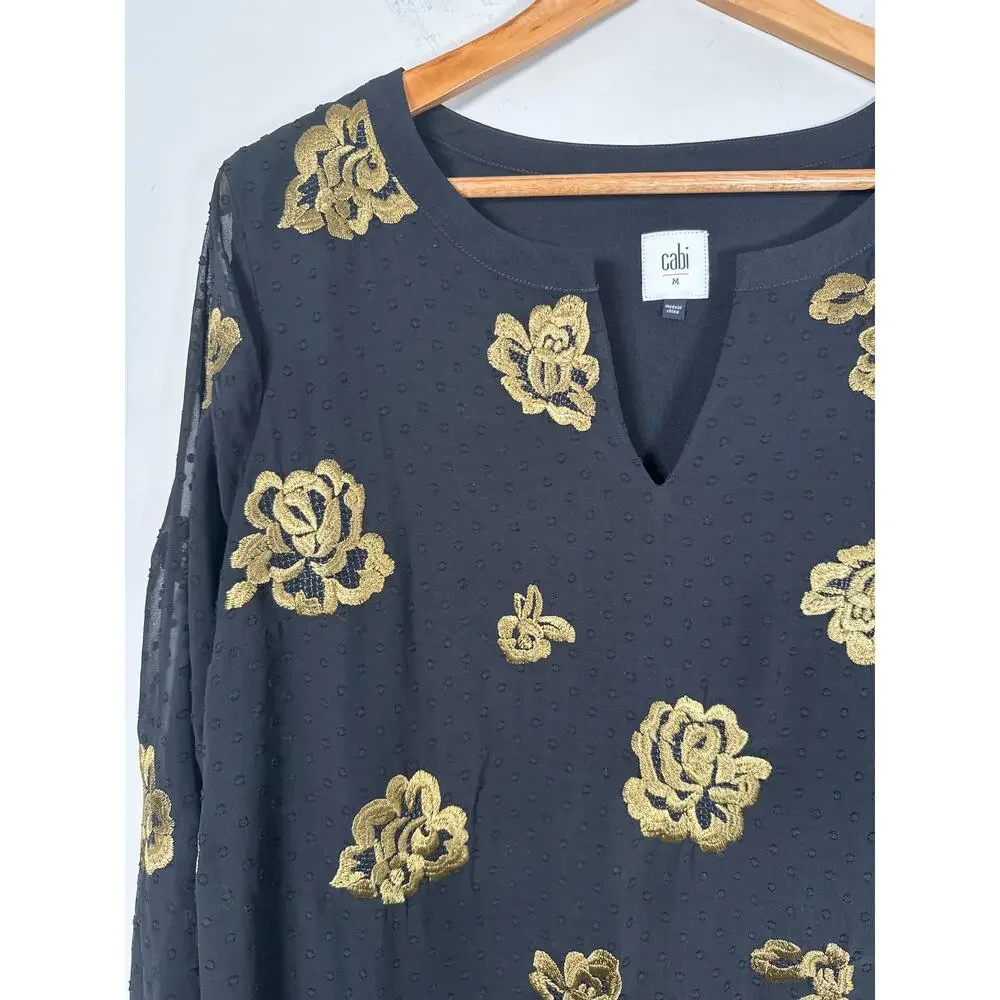 Cabi Occasion Dress Black Swiss Dot Gold Embroidery Long Sleeve Size Medium - Picture 3 of 10